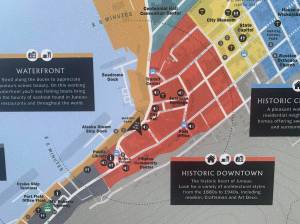 Sound icons on Juneaus recently installed wayfinding signs indicate a stop on the new Juneau Voice Audio Walk. Designed as a mobile-phone-based audio walking tour through the downtown area, listeners can hear a diverse collection of stories ranging from experiences growing up in the Juneau Indian Village to learning about the experiences of Stuart Sliter, née Johnson, who served as the very first Miss Alaska at the dawn of Alaskan statehood via their mobile phones. (Dana Zigmund/Juneau Empire)