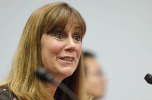 Bridget Weiss, superintendent of the Juneau School District, has been nominated for a Women of Distinction award. She is pictured here addressing the Senate Education Committee at the Capitol on April 16, 2019. (Michael Penn/Juneau Empire File)