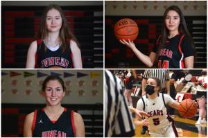 This composite image shows JDHS girls basketball seniors Kate DeBuse  (top left), Ajah Bishop (top right), Jenae Pusich (bottom left) and Kiana Potter (bottom right). (Courtesy Photos)