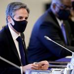 Antony Blinken, U.S. secretary of state, speaks to Toshimitsu Motegi, Japan's foreign minister, and Nobuo Kishi, Japan's defense minister, both not pictured, during the two plus two security talks at Iikura guest house in Tokyo Tuesday, March 16, 2021. Defense and foreign ministers from the U.S. and Japan are meeting to discuss their concern over China's growing influence in the Indo-Pacific region as the Biden administration tries to reaffirm engagement with its key regional allies. (Kiyoshi Ota / Pool Photo)