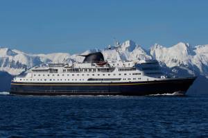 The MV Columbia sails through Lynn Canal on Monday, April 29, 2019. (Alex McCarthy / Juneau Empire File)