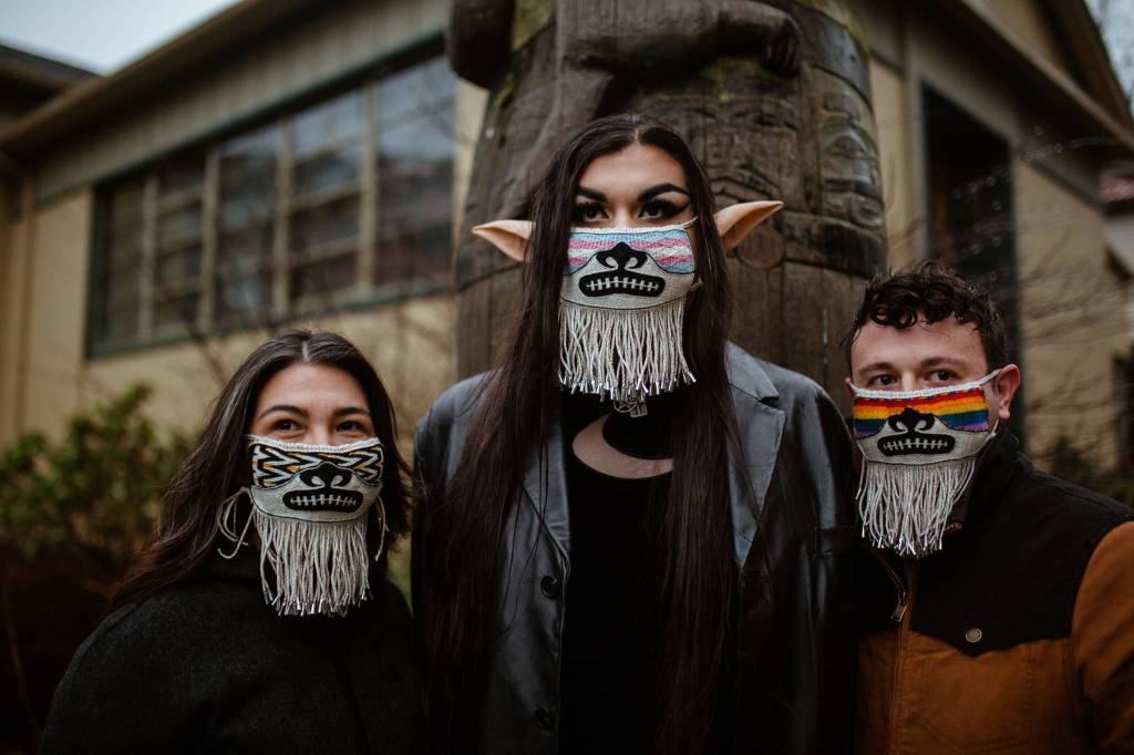 Traditional artist Lily Hope is recognized as this edition of Tidal Echoes featured artist for her work in Ravenstail and Chilkat weaving, particularly her Chilkat Protector masks, demonstrated here. (Courtesy photo / @SydneyAkagiPhotography)