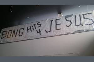 The banner at the center of a U.S. Supreme Court case on display at the Newseum in Washington D.C. The banner's owner was unable to find it a home in Juneau, and it's been sent to the First Amendment Museum in Maine. (Wikicommons)