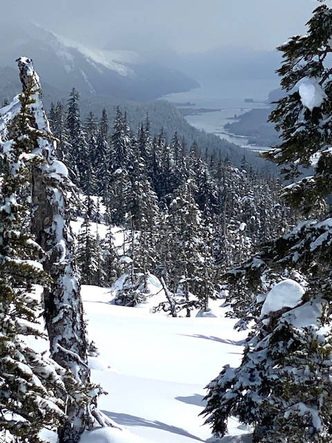 Sunshine on Spaulding trail, but weather looking ominous towards town on April 7. (Courtesy Photo / Denise Carroll)
