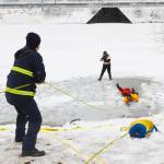 Capital City Fire/Rescue personnel underwent annual ice rescue training at Twin Lakes on April 7, 2021. The training occurs in the spring, when the ice is rotted and most dangerous. (Michael S. Lockett / Juneau Empire)