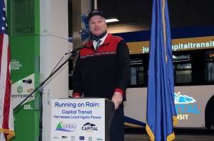 At Thursday's ribbon-cutting, Governor Mike Dunleavy said the electric bus is a “terrific bargain” as it only costs about 5 cents a kilowatt-hour to charge the 40-foot vehicle, which seats 40 people and can accommodate larger standing crowds if needed. (Dana Zigmund / Juneau Empire)