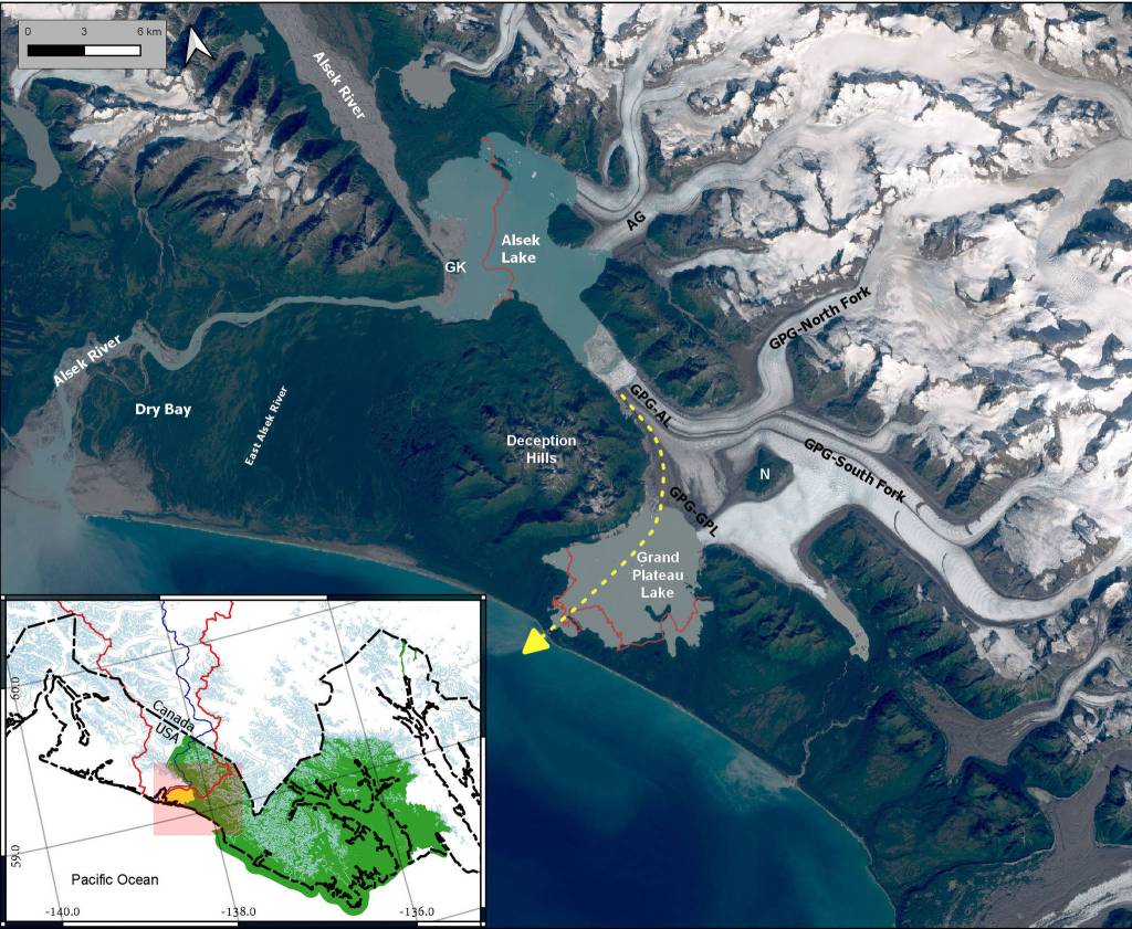A satellite image showing the Alsek River and Grand Plateau Glacier in southern Alaska. The yellow dashed line represents where the Alsek River may soon flow due to extreme melting of Grand Plateau Glacier (labeled GPG). In the early 1900s, Alsek Glacier (AG) was connected to Grand Plateau Glacier. GK is Gateway Knob, which guarded the only pathway for the Alsek River when the glaciers shoved against the knob a century ago. (Courtesy Image / Michael Loso)