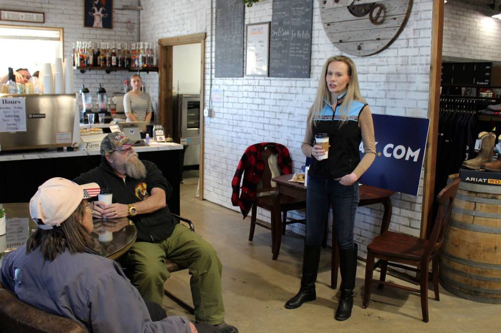 Kelly Tshibaka addresses members of the community at Nikiski Hardware & Supply on Friday, April 9, 2021 in Nikiski, Alaska. (Ashlyn OHara/Peninsula Clarion)