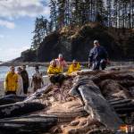 Volunteers stand near the body of a humpback whale following a necropsy near Sitka. (Courtesy Photo / Bethany Sonsini Goodrich and Lione Clare, operating under NOAA Stranding Agreement MMHSRP #18786-04)