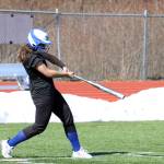 TMHS Infielder Mariah Tanuvasa-Tuvaifale drives a ball during a recent scrimmage held at the high school. (Ben Hohenstatt / Juneau Empire)