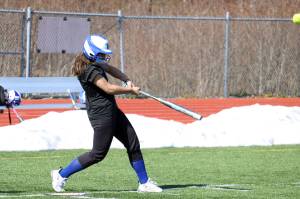 TMHS Infielder Mariah Tanuvasa-Tuvaifale drives a ball during a recent scrimmage held at the high school. (Ben Hohenstatt / Juneau Empire)