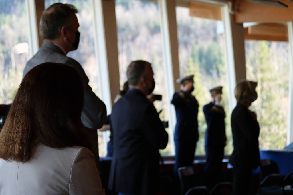 Ben Hohenstatt / Juneau Empire 
Elected officials including Gov. Mike Dunleavy and Sens. Lisa Murkowski and Dan Sullivan, all Alaska Republicans, were present for U.S. Coast Guard District 17s Change of Command Friday in the Mendenhall Glacier Visitor Center.