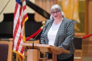Mayor Beth Weldon speaks at the Dr. Martin Luther King Jr. 2019 Community Celebration at St. Pauls Catholic Church on Monday, Jan. 21, 2019. On Friday, she announced that she is running for another term as mayor. (Michael Penn /Juneau Empire File)