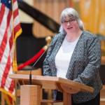 Mayor Beth Weldon speaks at the Dr. Martin Luther King Jr. 2019 Community Celebration at St. Paul's Catholic Church on Monday, Jan. 21, 2019. On Friday, she announced that she is running for another term as mayor. (Michael Penn /Juneau Empire File)