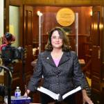 Sen. Lora Reinbold, R-Eagle River, holds a news conference in front of the doors to the Senate chambers on Thursday, March 4, 2021. Reinbold has been banned from Alaska Airlines flights for refusing to comply with the airlines mask [policy. (Peter Segall / Juneau Empire File)