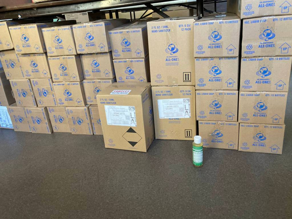 The Dr. Bronners company donated 2,000 bottles of soap to the Glory Hall last week, coming to more than 800 pounds of cleaning supplies. (Courtesy photo / Chloe Papier)