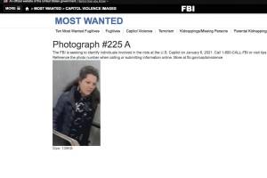 A screenshot from the FBIs Most Wanted page showing a photo the FBI said was taken on Jan. 6, 2021, inside the U.S.Capitol. Marilyn Hueper said FBI agents showed her this image and claimed it was her. (Screenshot)
