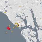A magnitude 4.7 earthquake, indicated by the large red dot on the Alaska Earthquake Centers quake map, occurred near the surface, about 60 miles east of Elfin Cove, early in the morning of May 1, 2021. (Screenshot / AEC)