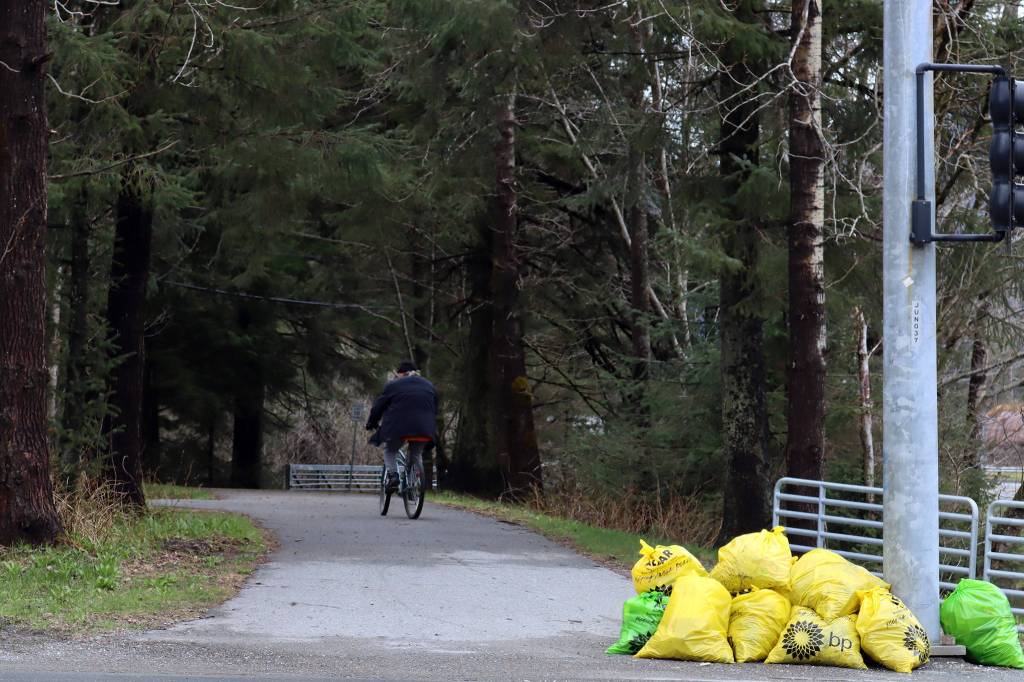 A cyclists rides past a pile of bags filled with litter collected during the annual Juneau Litter Free event. (Ben Hohenstatt / Juneau Empire)