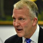 Sen. Dan Sullivan, R-Alaska, met with reporters after delivering an address to the first joint session of 2021 for the Alaska State Legislature on Monday, May 3, 2021. Sullivan was critical of the Biden administration in his remarks to lawmakers, saying his environmental policies were punative to Alaska. (Peter Segall / Juneau Empire)