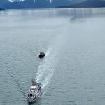 Coast Guard Cutter John McCormick, a 154-foot Sentinel–class vessel, towed the derelict tugboat Lumberman, to a position 54 miles west of Cross Sound, Alaska, on May 2, 2021. The decision to dispose of the Lumberman at sea, which had been abandoned in the Gastineau channel in 2016, was made after it was determined to be derelict and posed a significant public safety risk. (Courtesy photo / U.S. Coast Guard)