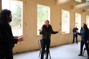 The cast of Macbeth rehearses in the Treadwell Mine office building as they prepare for the upcoming Theater Alaska Festival, which runs May 11 to 30 and features a Neighborhood Cabaret, readings, and classes in addition to performances of Macbeth. All performances will be free and staged outdoors with no reservations required. (Courtesy Photo/ Flordelino Lagundio)