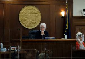Alaska House Speaker Louise Stutes, a Kodiak Republican, looks out on the floor of the Alaska House on Monday, May 10, 2021, in Juneau, Alaska. The Alaska House on Monday resumed debate on a version of the state operating budget. (AP Photo / Becky Bohrer, Pool)