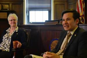 House Speaker Rep. Louise Stutes, R-Kodiak, left, and House Finance Committee co-chair Rep. Neal Foster, D-Nome, speak with reporters at the Alaska State Capitol on Thursday, May 20, 2021. The Alaska State Legislature worked until past midnight Wednesday on the states budget bill which will now be negotiated in committee. (Peter Segall / Juneau Empire)