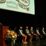 Kristin Garot, left, principal of Yaakoosge Daakahidi High School, adresses students and families during the graduation ceremony on May 23, 2021. (Michael S. Lockett / Juneau Empire)
Kristin Garot, left, principal of Yaakoosge Daakahidi High School, addresses students and families during the graduation ceremony on May 23, 2021. (Michael S. Lockett / Juneau Empire)