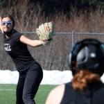 Avery Kreischer winds up to deliver a pitch to Sydney Strong during a mid-April practice at Thunder Mountain High School. TMHS will play host to the Region V Tournament in the coming days. (Ben Hohenstatt / Juneau Empire file)