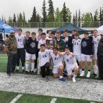Members of the TMHS boys soccer team celebrate winning the school’s first-ever, state-wide soccer championship besting Soldotna in a hard-fought 3-2 victory on May 29, 2021. (Courtesy Photo/Tim Lewis)