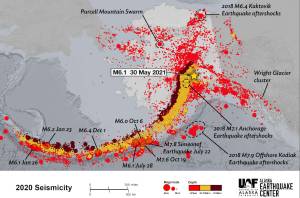 An Alaska Earthquake Center map of all the earthquakes that happened in the year 2020, including the epicenter of a magnitude 6.1 earthquake that happened May 30, 2021. (Courtesy Image / Ned Rozell)