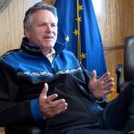 Gov. Mike Dunleavy gives an interview in the state Capitol on Monday, June 7, 2021, in Juneau, Alaska. The governor urged legislative action on his proposal for the dividend paid to residents from the Permanent Fund. (AP Photo / Becky Bohrer)