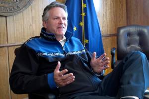 Gov. Mike Dunleavy gives an interview in the state Capitol on Monday, June 7, 2021, in Juneau, Alaska. The governor urged legislative action on his proposal for the dividend paid to residents from the Permanent Fund. (AP Photo / Becky Bohrer)
