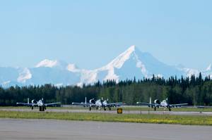 A-10 Thunderbolt II aircraft assigned to the 25th Fighter Squadron taxi during exercise Red Flag-Alaska 21-02 at Eielson Air Force Base, Alaska, June 14, 2021. (Tech. Sgt. Peter Thompson / U.S. Air Force)