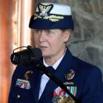 Then-Vice Adm. Linda Fagan, recently appointed as vice commandant of the U.S. Coast Guard, speaks during Coast Guard District 17 Change of Command ceremony on April 23, 2021. (Ben Hohenstatt / Juneau Empire File)