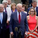 President Joe Biden, with a bipartisan group of Senators, including Alaska's Lisa Murkowski, speaks Thursday June 24, 2021, outside the White House in Washington. Biden invited members of the group of 21 Republican and Democratic senators to discuss the infrastructure plan. (AP Photo / Evan Vucci)