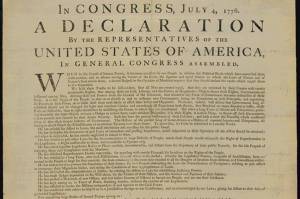 This public domain image shows a printing of the Declaration of Independence.