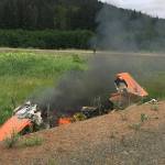 A small two-person plane ran off the runway and into an embankment shortly after landing at Hoonah Airport on Saturday, July 3, 2021. No one was hurt, according to Hoonah Public Safety Director Eric Hurtado, as both passengers were able to get themselves out of and away from the plane before emergency crews arrived. (Courtesy Photo / Thomas Courtney)