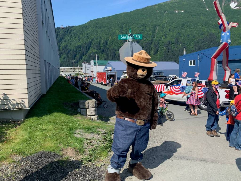 Smokey Bear was on hand for Fourth of July festivities. On Twitter, Smokey reminded people wildfire season doesnt take a break for the Fourth of July. (Dana Zigmund / Juneau Empire)