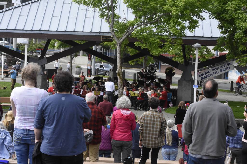 People gather in Marine Park for a band concert prior to the Fourth of July fireworks display. (Peter Segall / Juneau Empire)