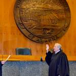Chief Justice Daniel E. Winfree, right, is sword in by Justice Dario Borghesan in Anchorage on July 1, 2021. Winfree will take over after former Chief Justice Joel Bolger retired earlier this year. (Courtesy photo / Alaska Court System)