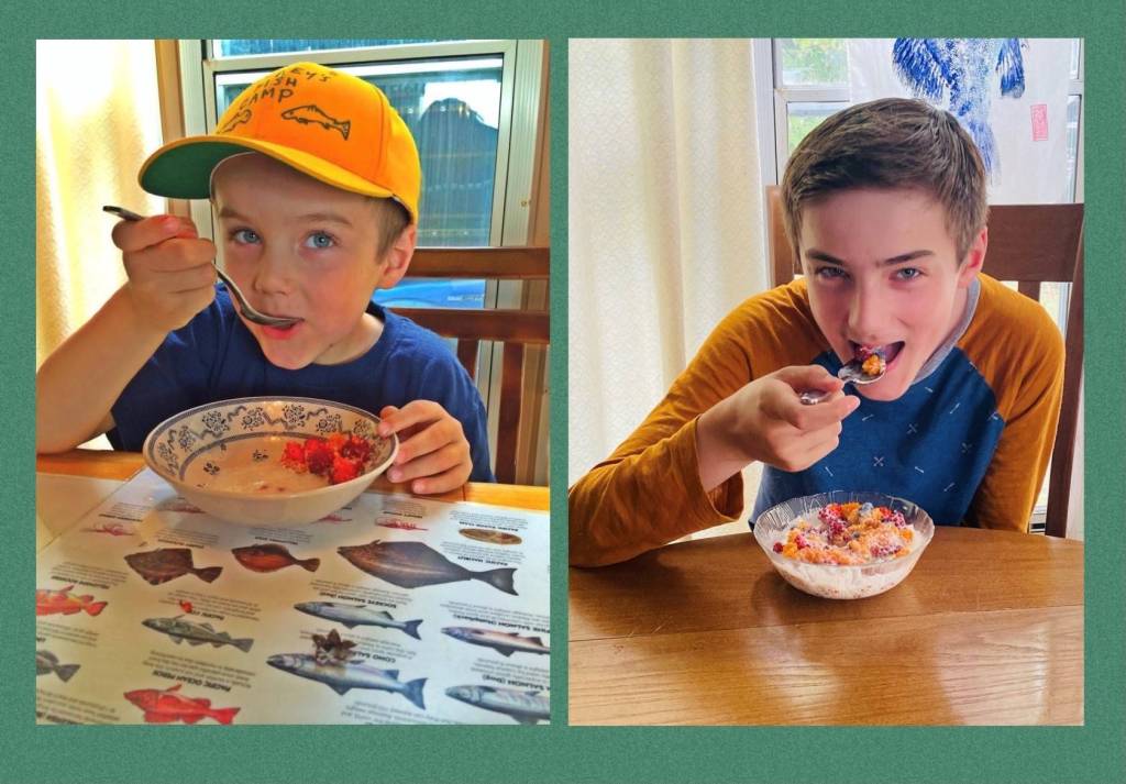 This composite image shows Jackson Pearson at ages 5 and 12. Pearson is eating salmonberries in both photos. (Vivian Faith Prescott/ For the Capital City Weekly)