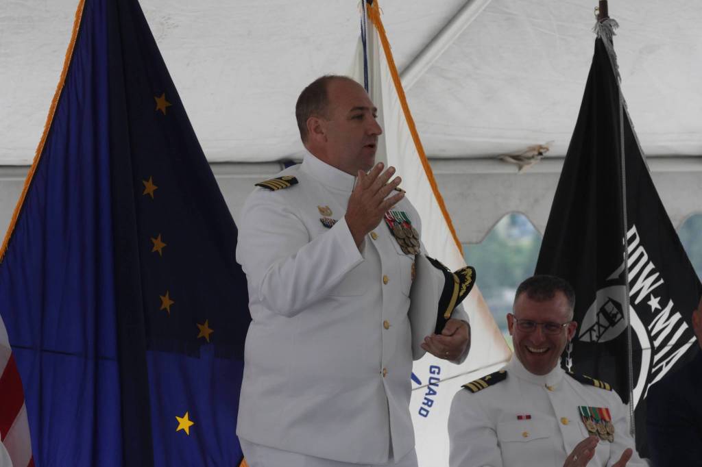 Capt. Stephen J. White, Sector Juneaus outgoing commander, thanks members of Sector Juneau during a change of command ceremony at the station on July 7, 2021. (Michael S. Lockett / Juneau Empire)