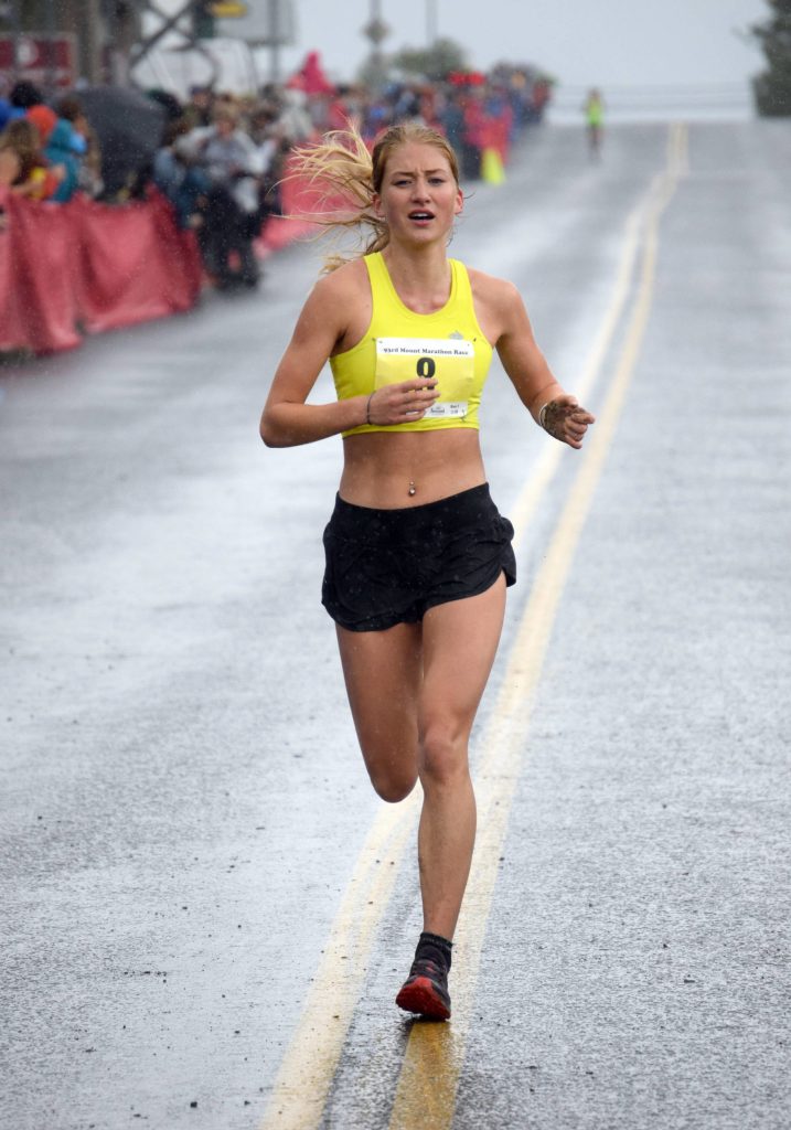 Ruby Lindquist of Seward takes second in the womens Mount Marathon Race on Wednesday, July 7, 2021, in Seward, Alaska. (Photo by Jeff Helminiak/Peninsula Clarion)