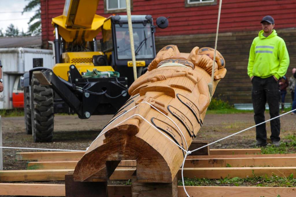 Contractors from Dawson Construction raise a totem pole honoring veterans of the armed services into place in Hoonah on July 24, 2021, in a ceremony attended by hundreds. (Michael S. Lockett / Juneau Empire)