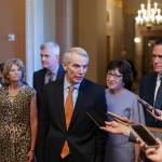 Sen. Rob Portman, R-Ohio, center, joined by, from left, Sen. Lisa Murkowski, R-Alaska, Sen. Bill Cassidy, R-La., Sen. Susan Collins, R-Maine, and Sen. Mitt Romney, R-Utah, announces to reporters that he and the other GOP negotiators have reached agreement on a $1 trillion infrastructure bill with Democrats and are ready to vote to take up the bill, at the Capitol in Washington, Wednesday, July 28, 2021. (AP Photo/J. Scott Applewhite)