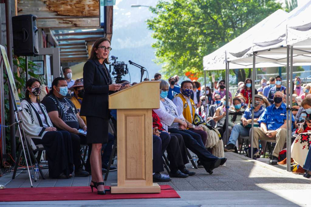 Michael S. Lockett / Juneau Empire 
Jakki Strako, U.S. Postal Services chief commerce and business solutions officer and executive vice president, addresses the crowd during the official ceremony for the release of the Raven Story stamp in front of the Sealaska Heritage Institutes Walter Soboleff Building on Friday, July 30, 2021.