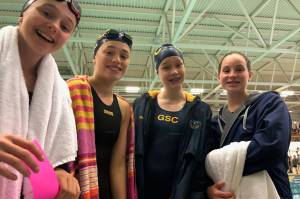 Members of Glacier Swim Clubs winning 13-14 girls 400-meter free relay team from Summer Champs pose for a photo. The team includes Valerie Peimann, Pacific Ricke, Dannan Mills and Caitlin Sanders. (Courtesy Photo)