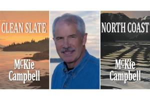 This composite image shows the covers of McKie Campbell's first two novels as well as the author. (Courtesy Images)